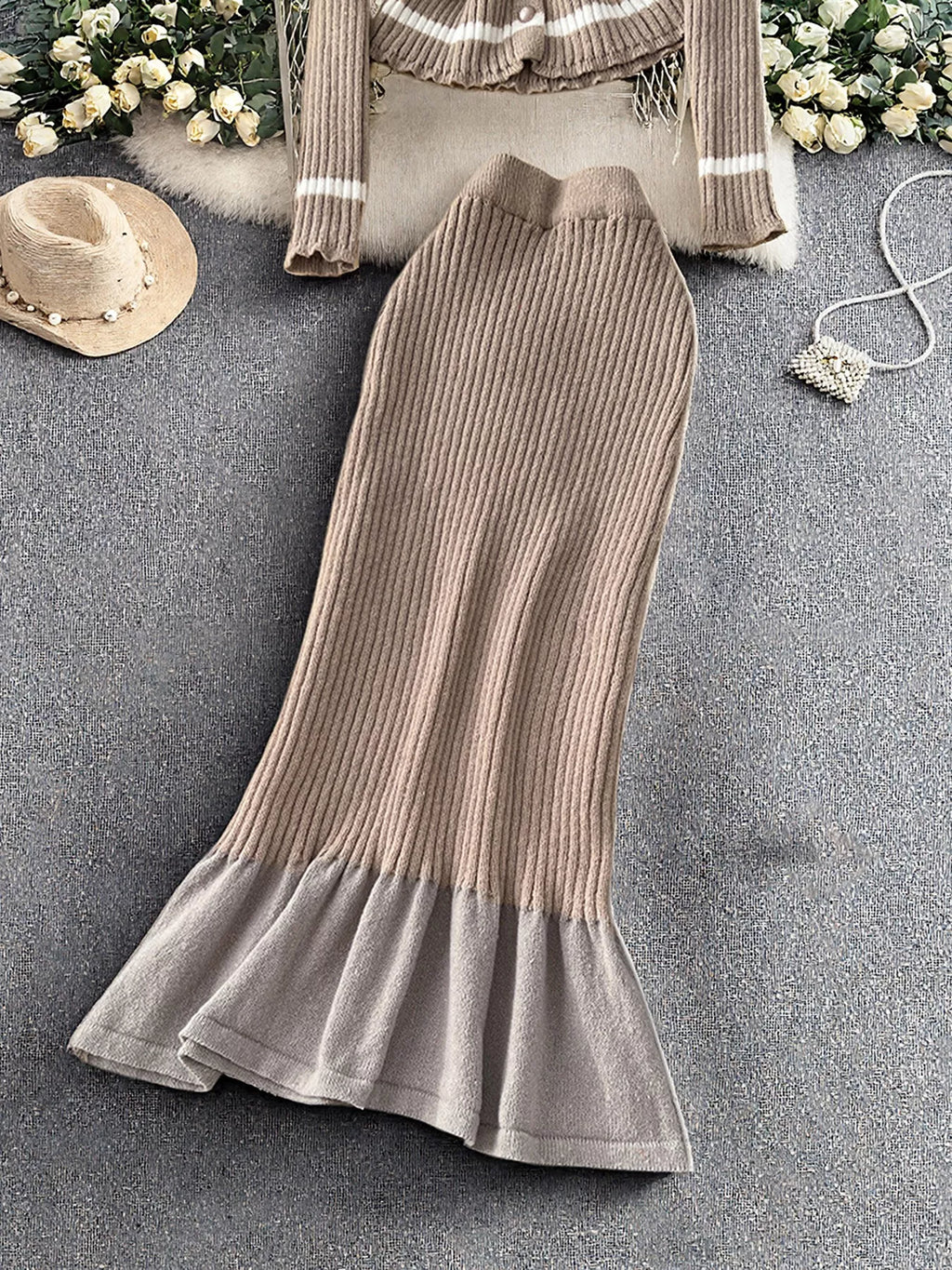 Ribbed Knit Cardigan and Skirt Sweater Set