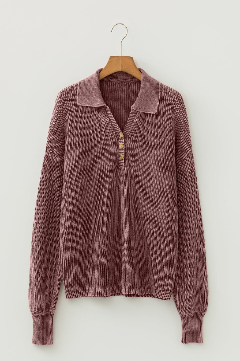 Mineral Wash Buttoned Polo Collar Knit Sweater