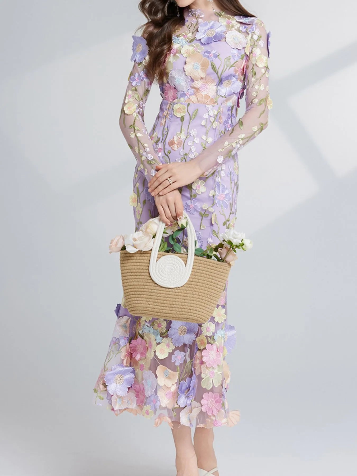Floral Embroidered Mesh Long Sleeve Midi Dress