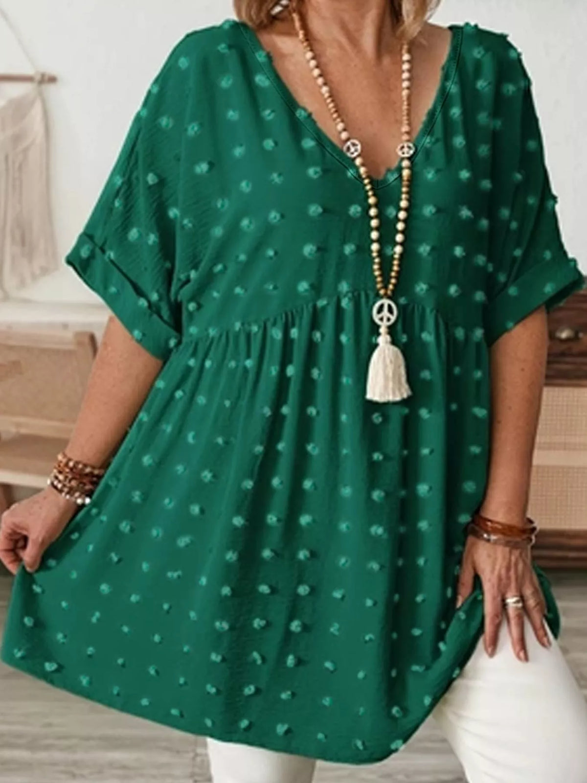 Plus Size Swiss Dot V-Neck Casual Blouse
