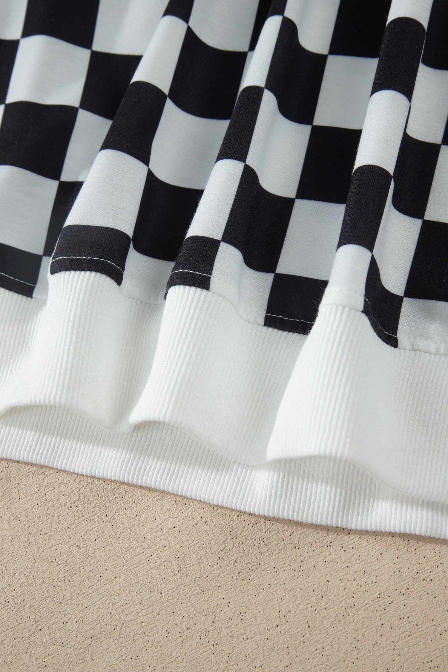 Black Checkered Print Color Block Trim Mock Neck Short Set