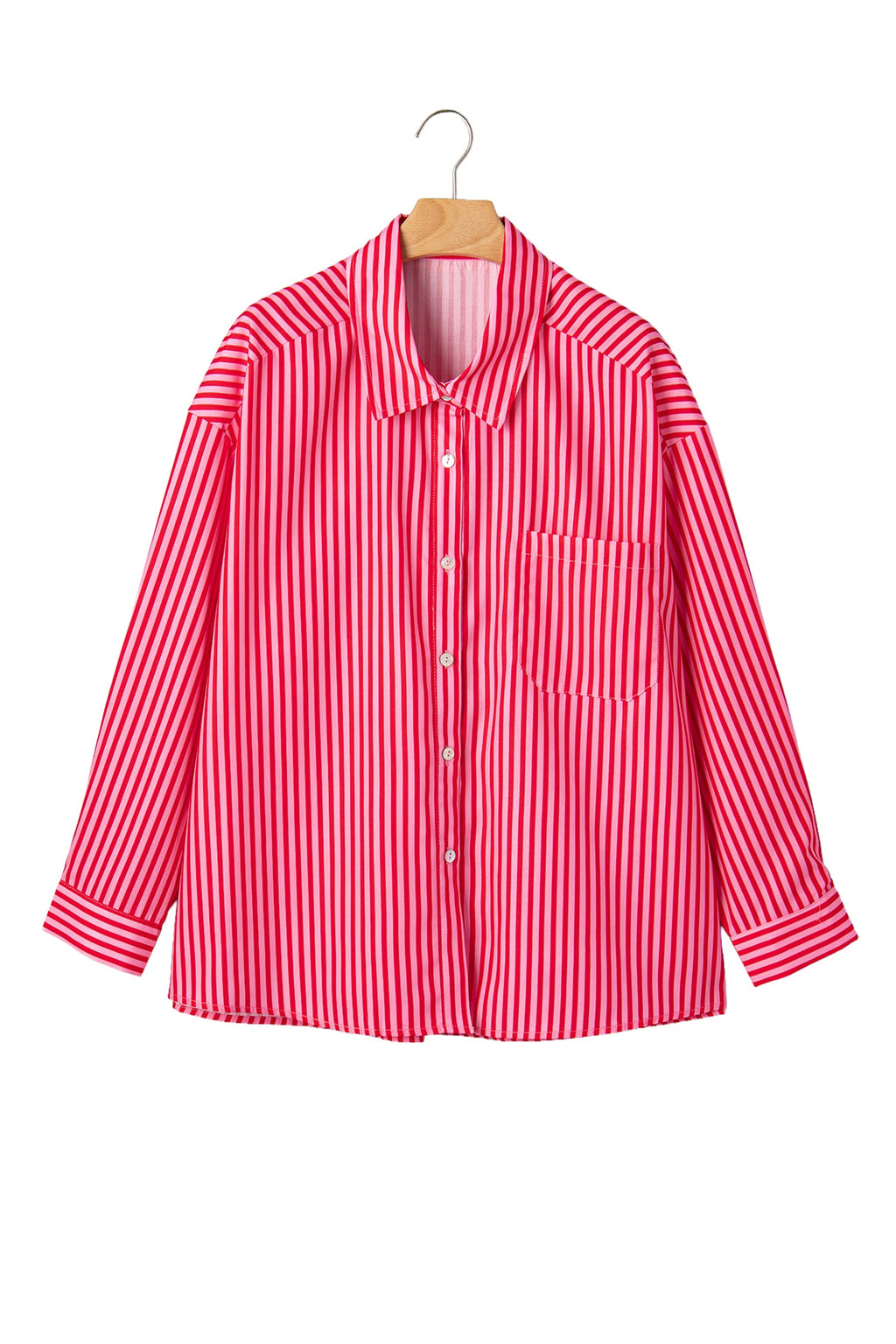 Red Stripe Button-Up Shirt Long Sleeve Patch Pocket Casual Shirt