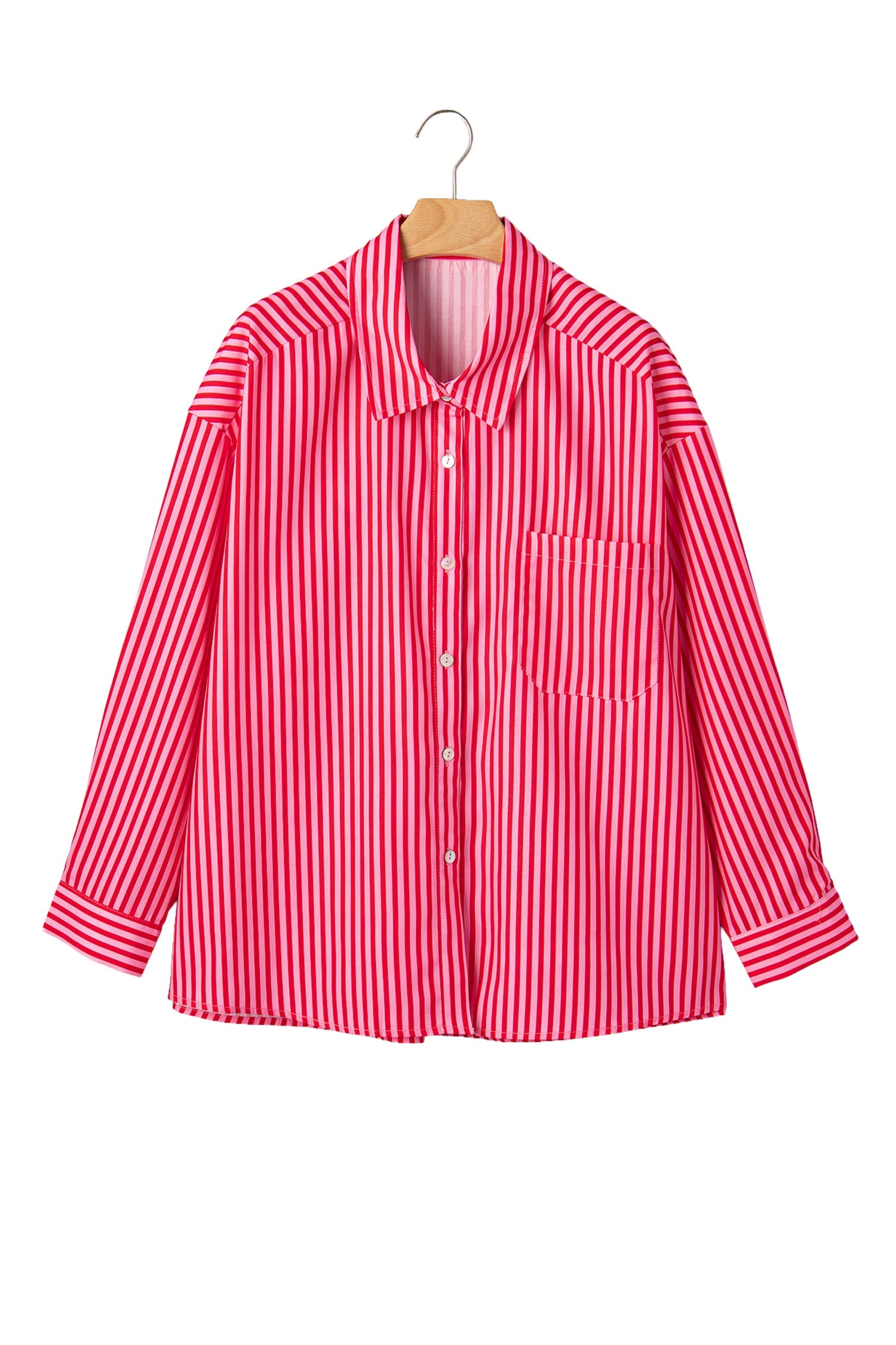 Red Stripe Button-Up Shirt Long Sleeve Patch Pocket Casual Shirt