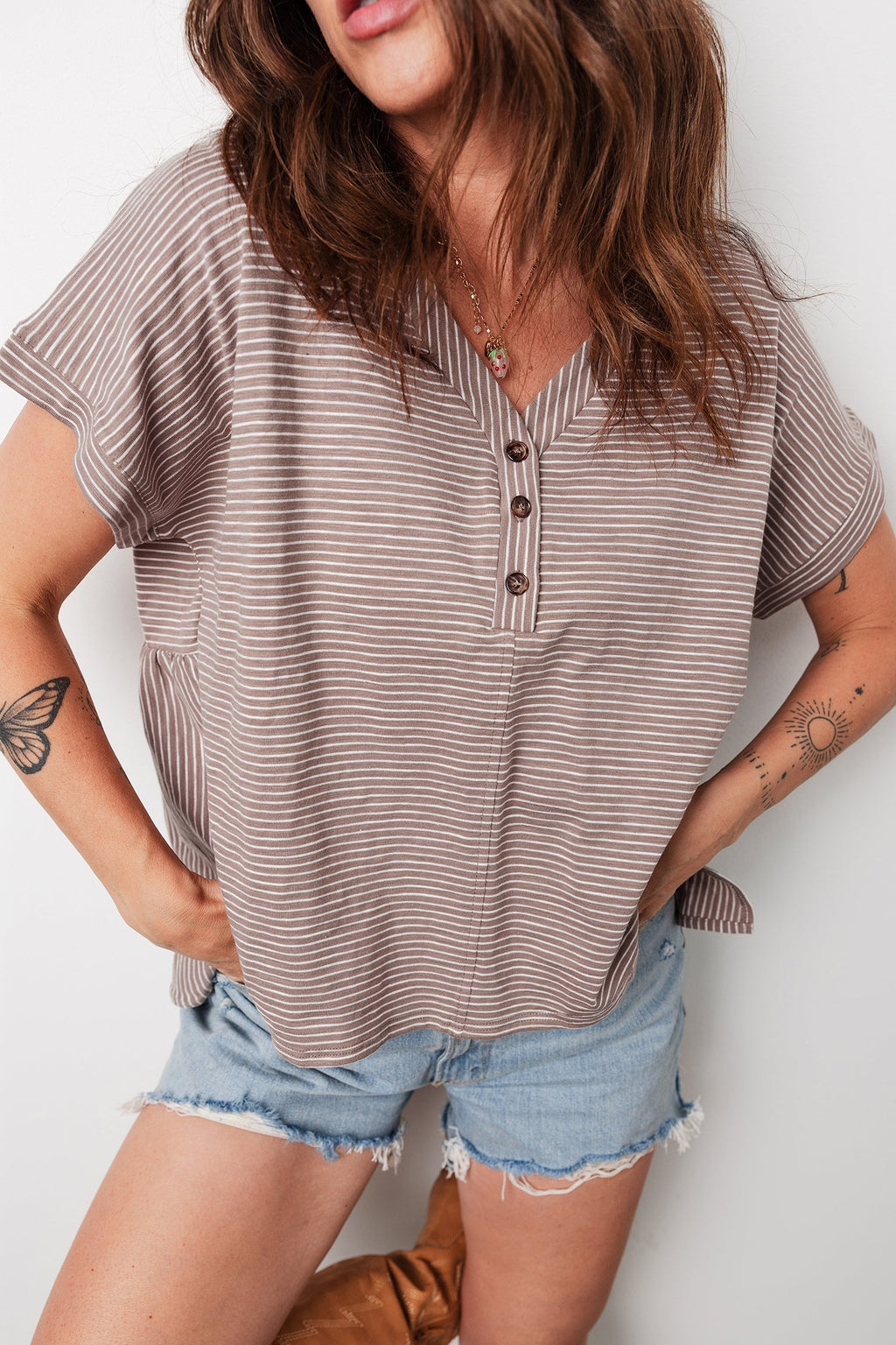 Khaki Stripe Buttoned V Neck High Low Side Slit T Shirt