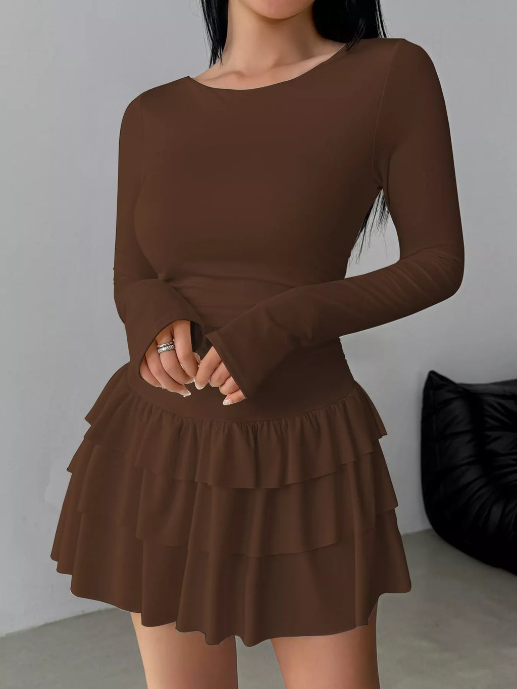 Layered Ruffle Long Sleeve Mini Dress