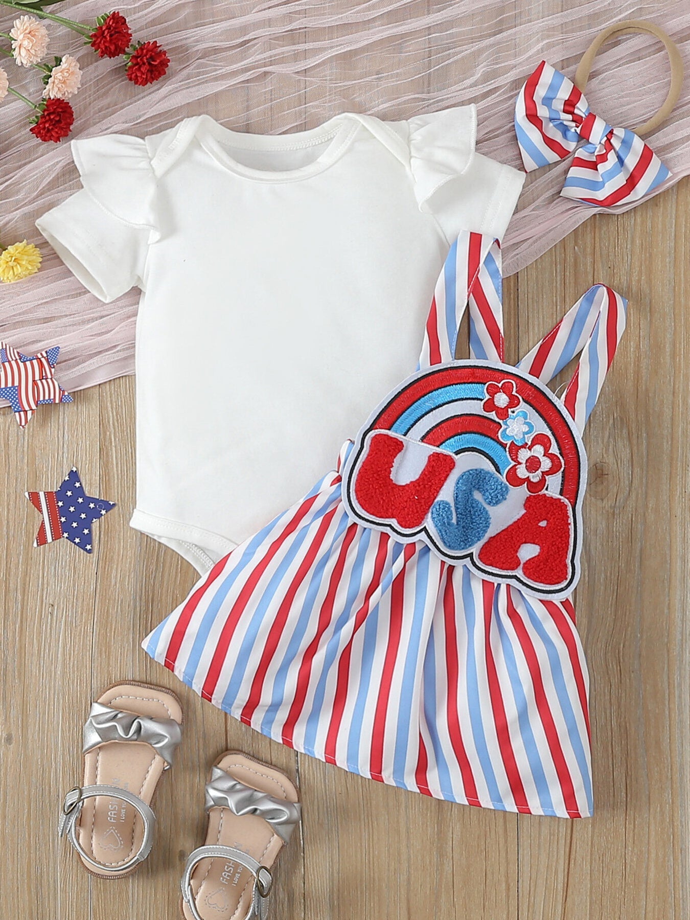 Children's Ruffled Bodysuit & Patriotic USA Overall Dress & Headband Set