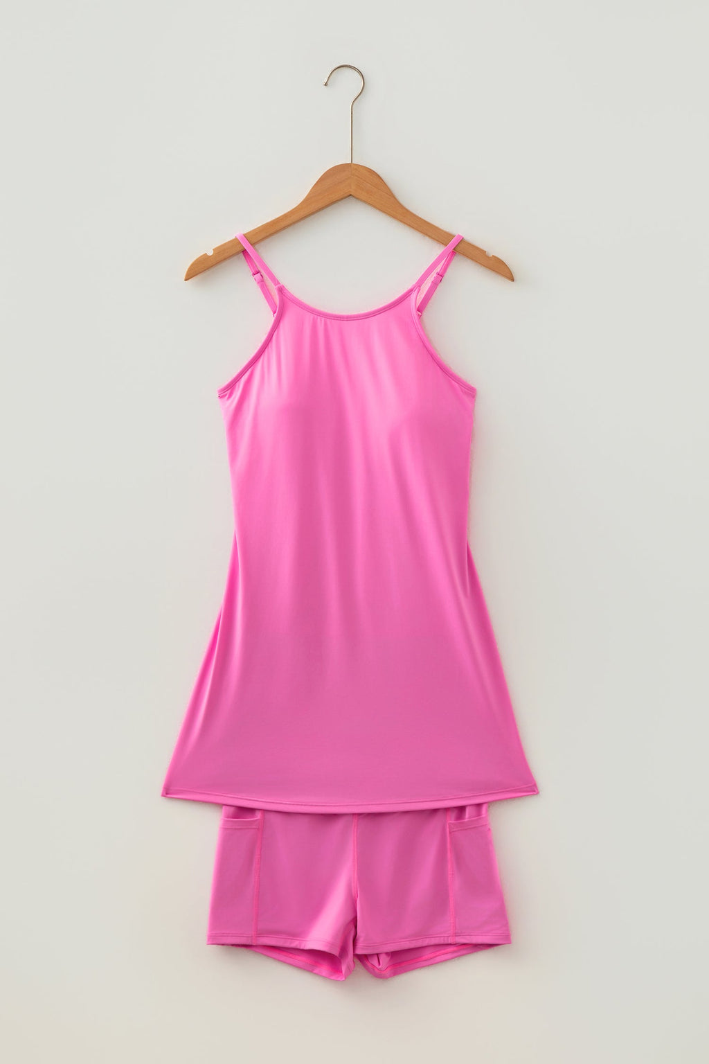Bright Pink Solid Color Tunic Tank Dress Athletic Shorts Two Piece Set