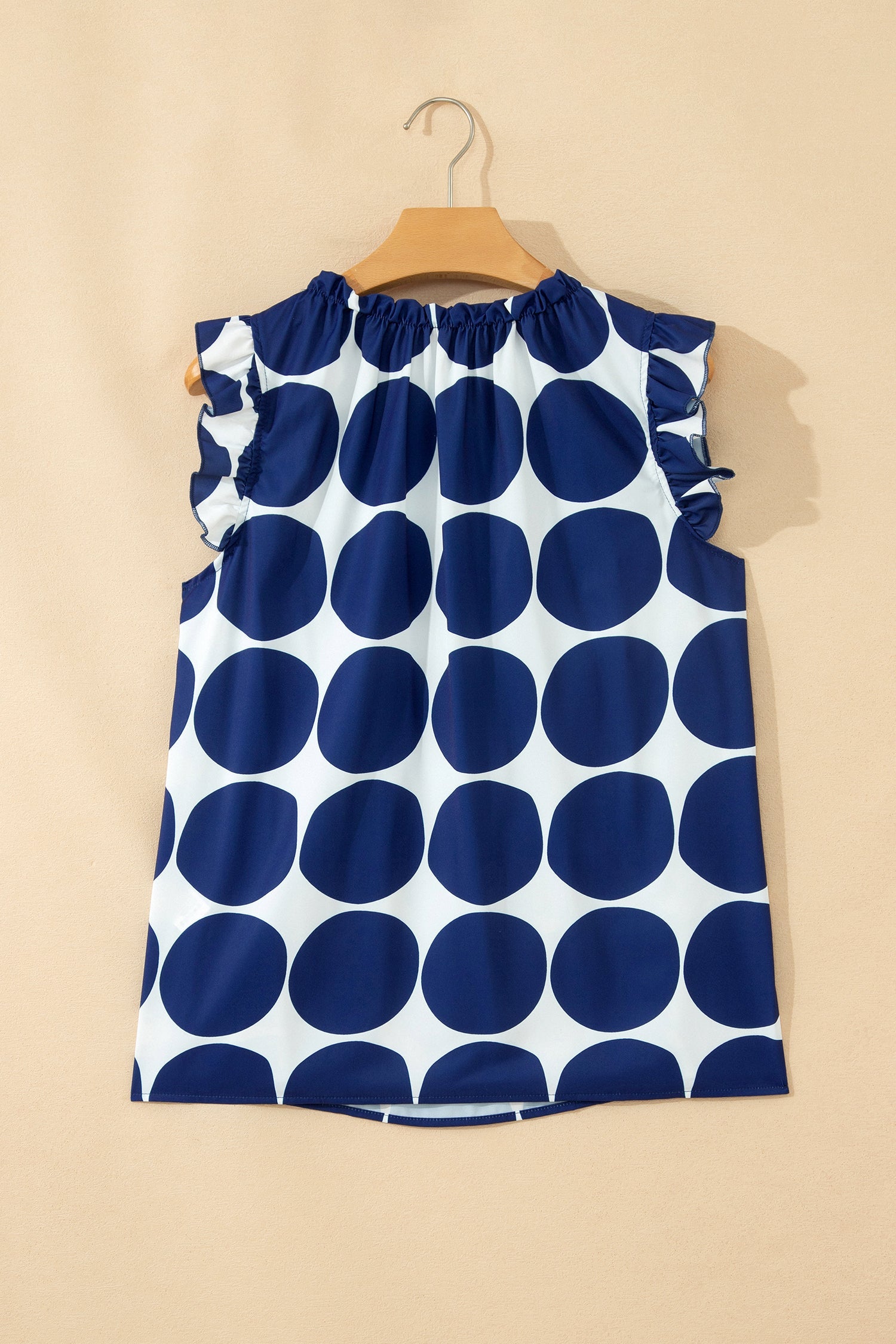 Blue Polka Dot Print Frilled Round Neck Shift Tank Top