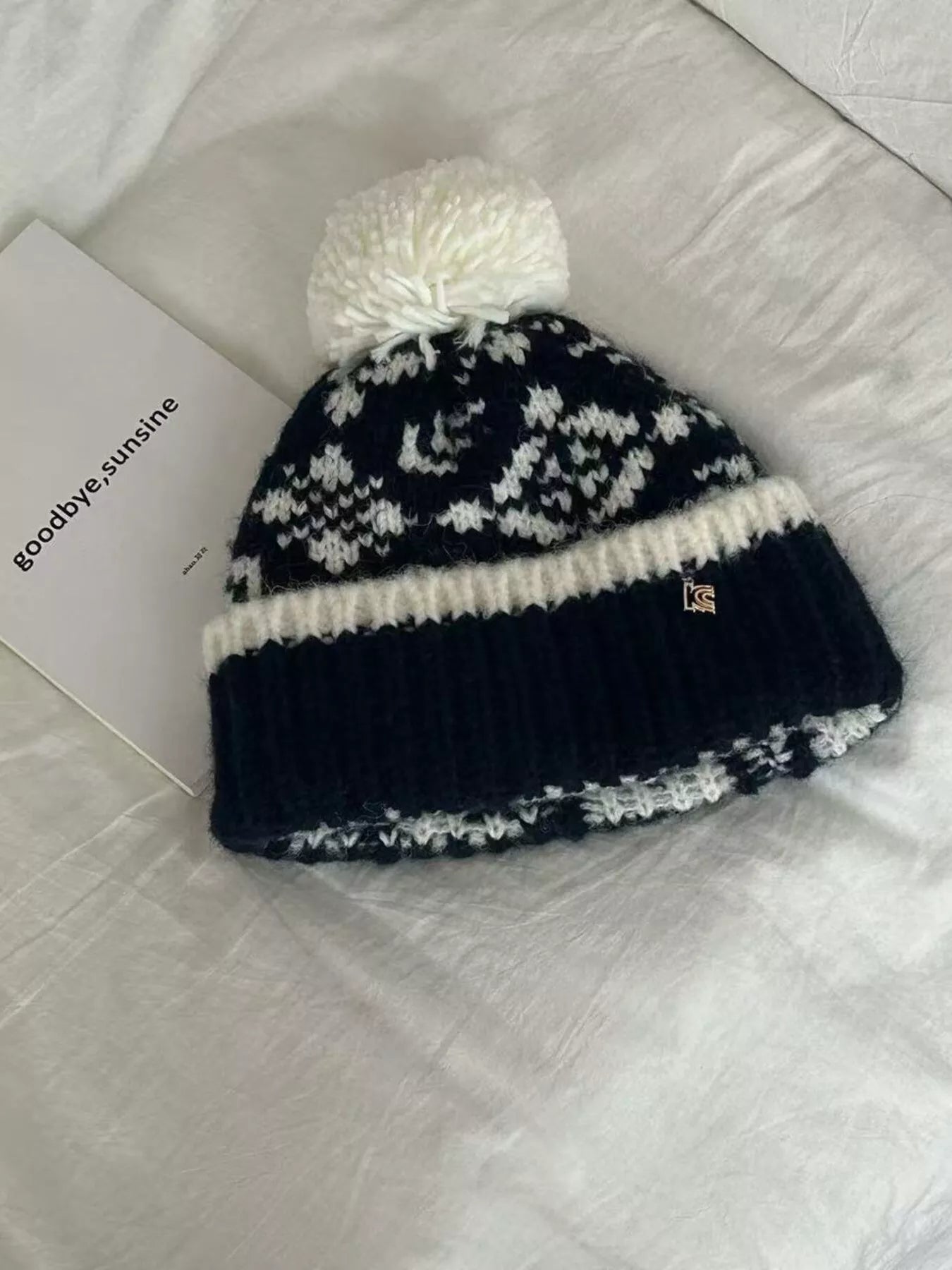 Snowflake Knitted Beanie Hat with Pom Pom