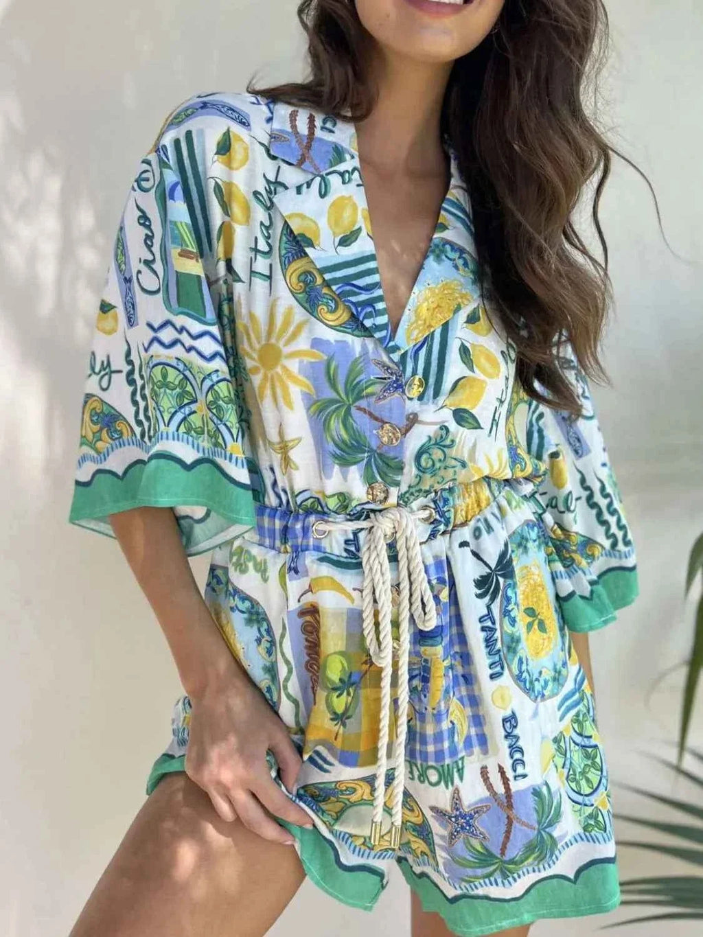 Tropical Print Collared Half Sleeve Romper