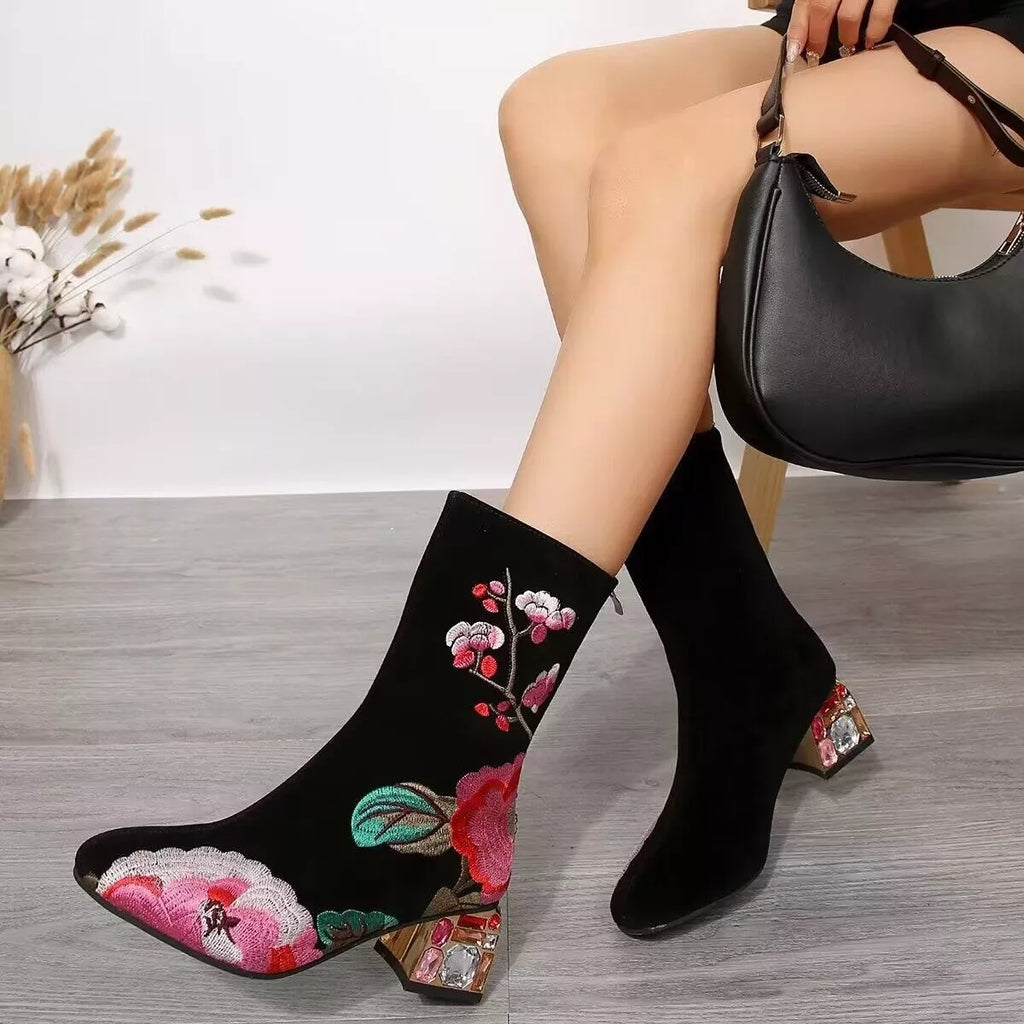 Floral Embroidered Rhinestone Block Heel Boots