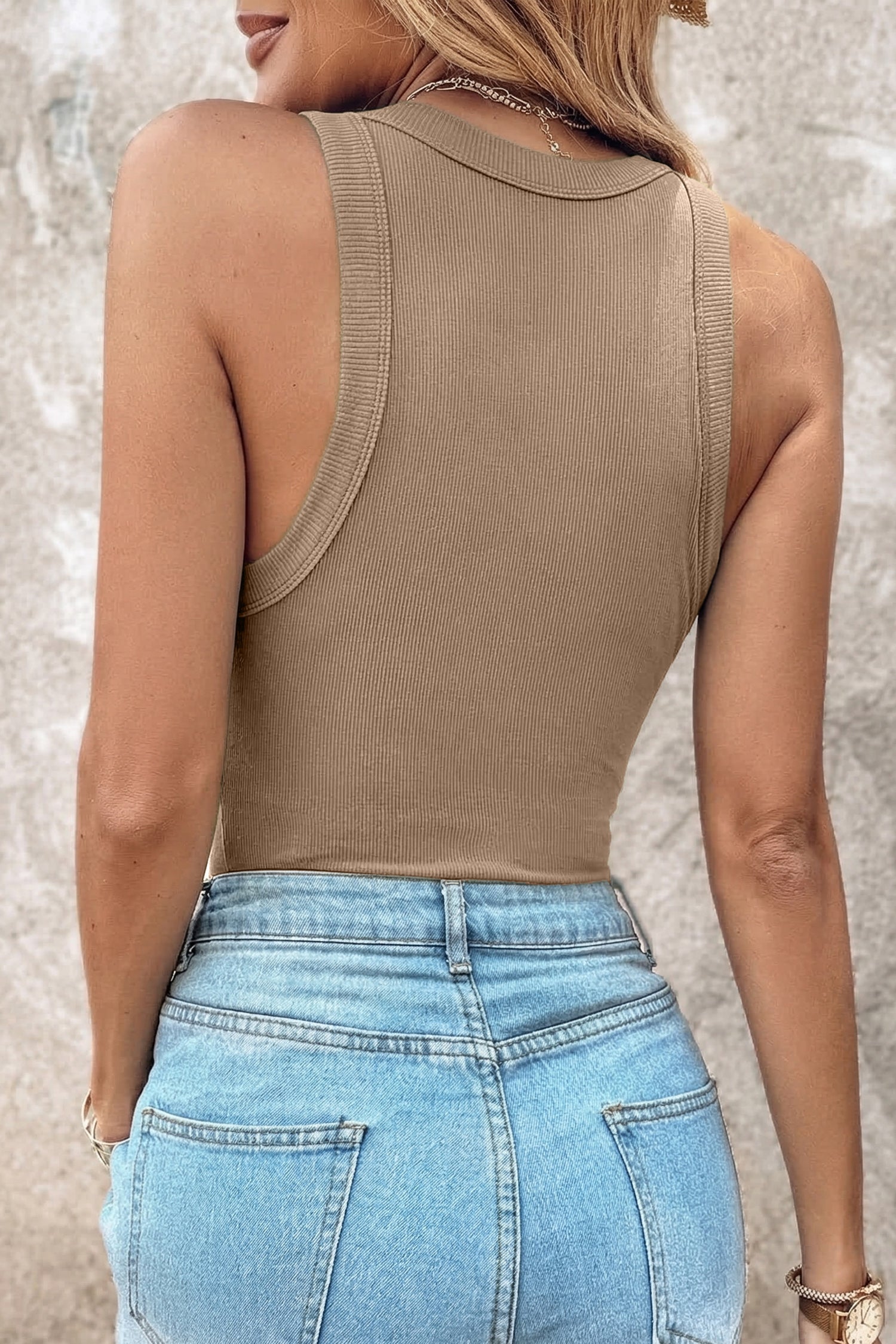 Dark Khaki Slim Ribbed Padded Tank Top