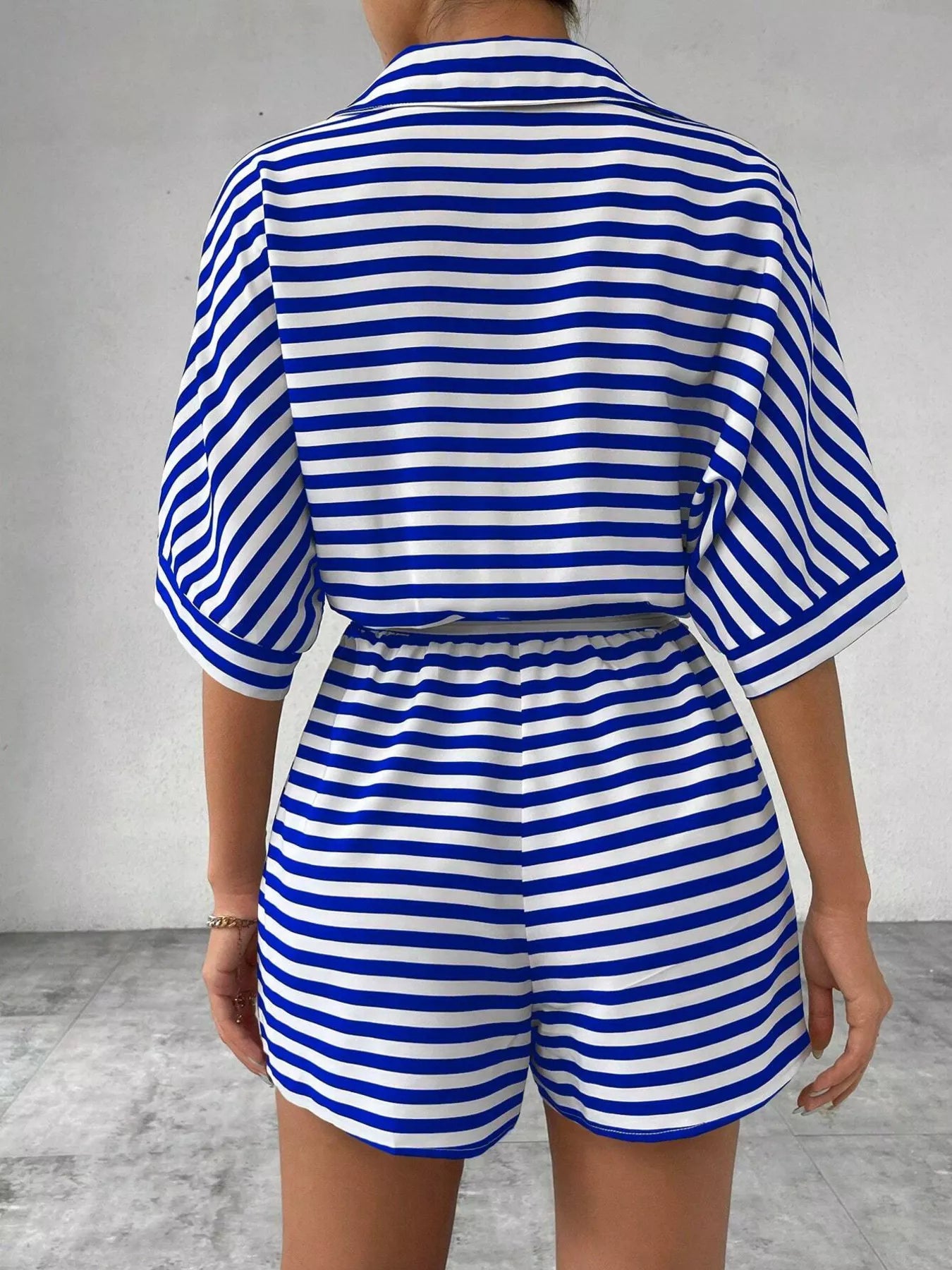 Striped Button Front Half Sleeve Romper