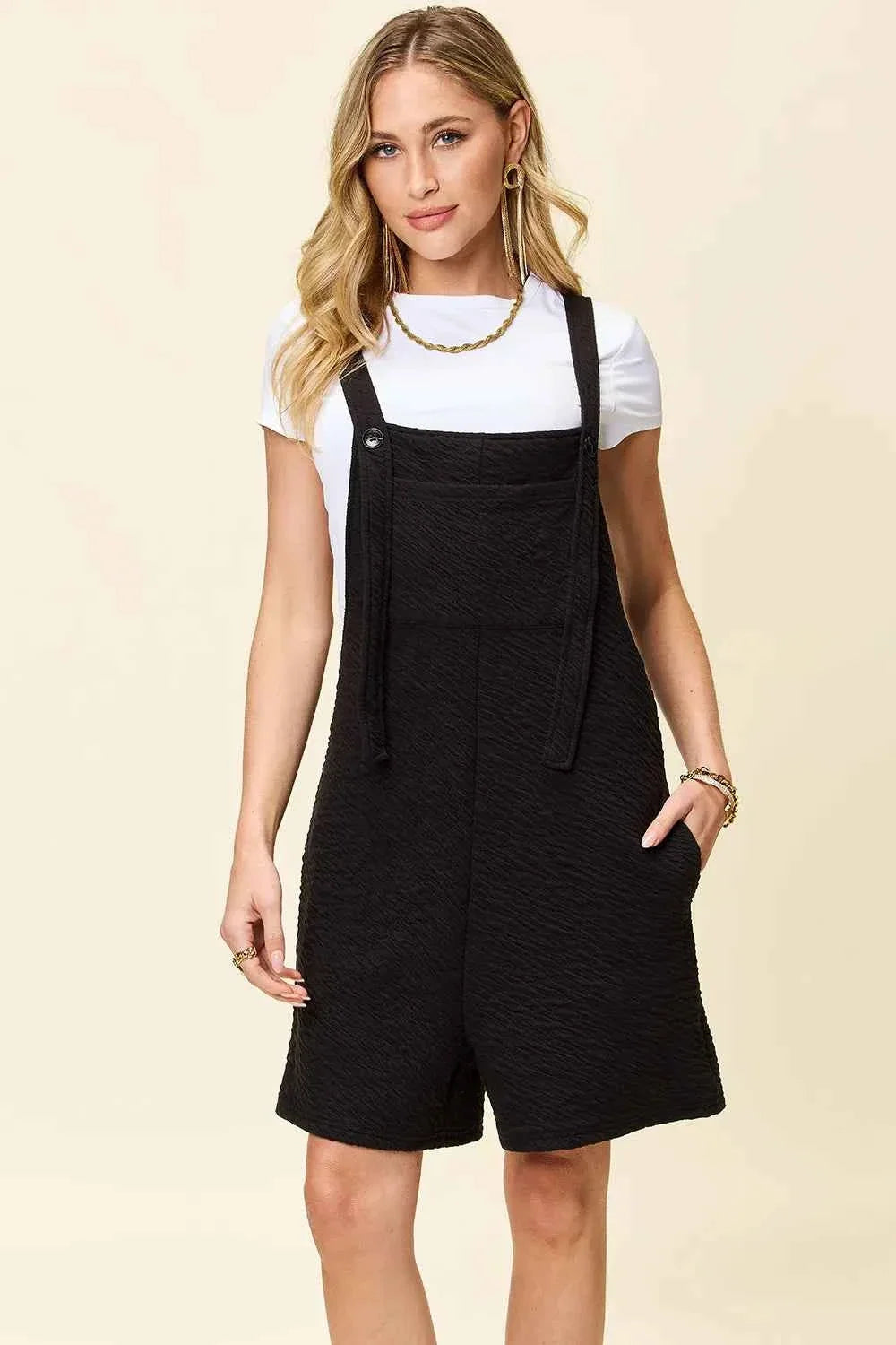 Textured Square Neck Sleeveless Romper with Pockets