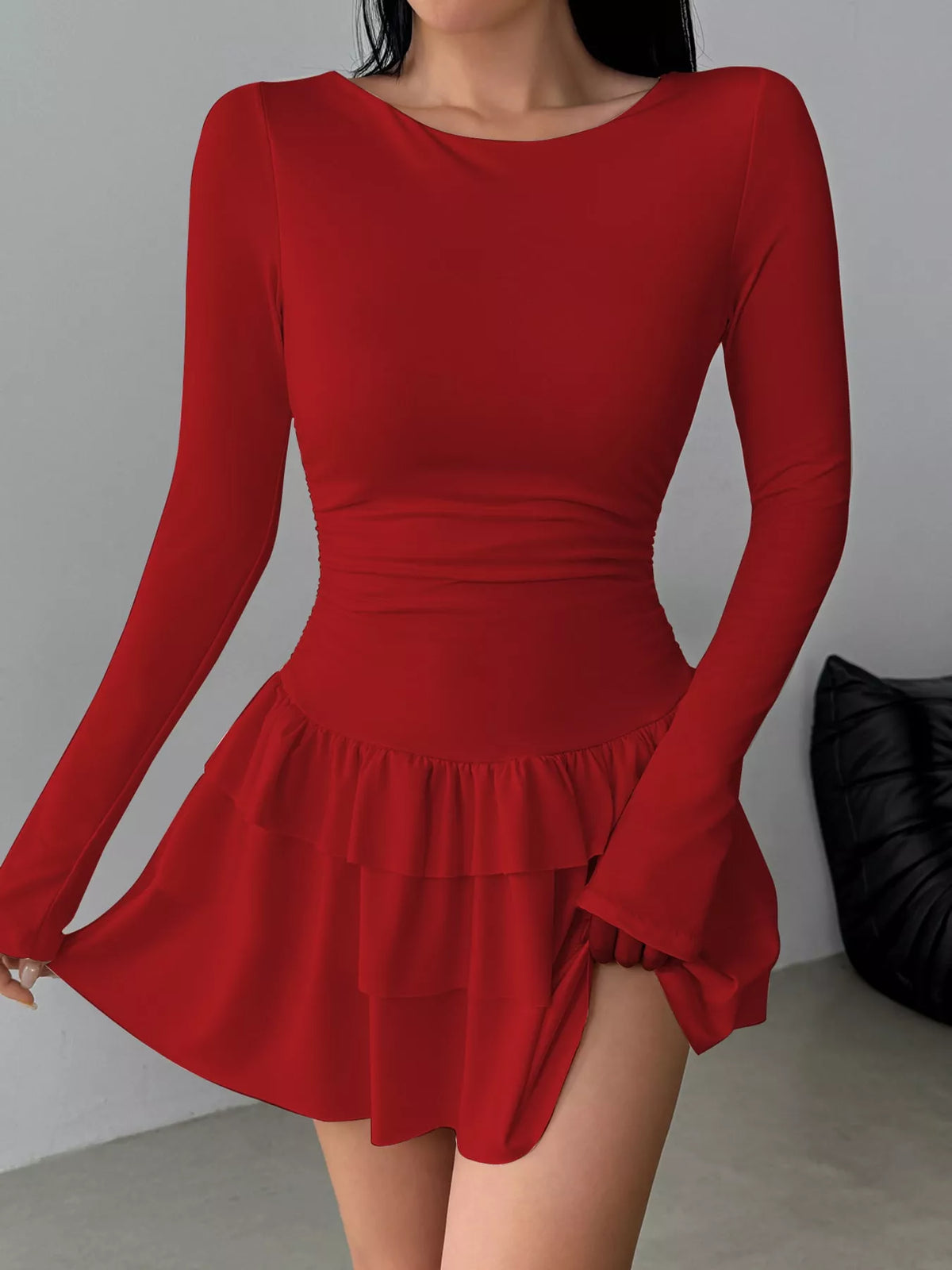 Layered Ruffle Long Sleeve Mini Dress