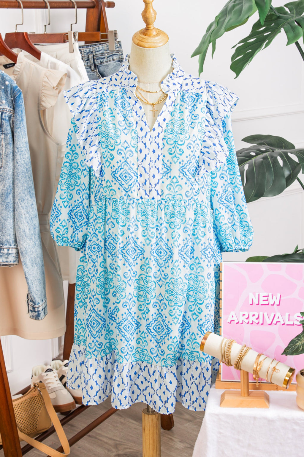 Sky Blue Boho Floral Geometric Patchwork Ruffle Detail Puff Sleeve Mini Dress