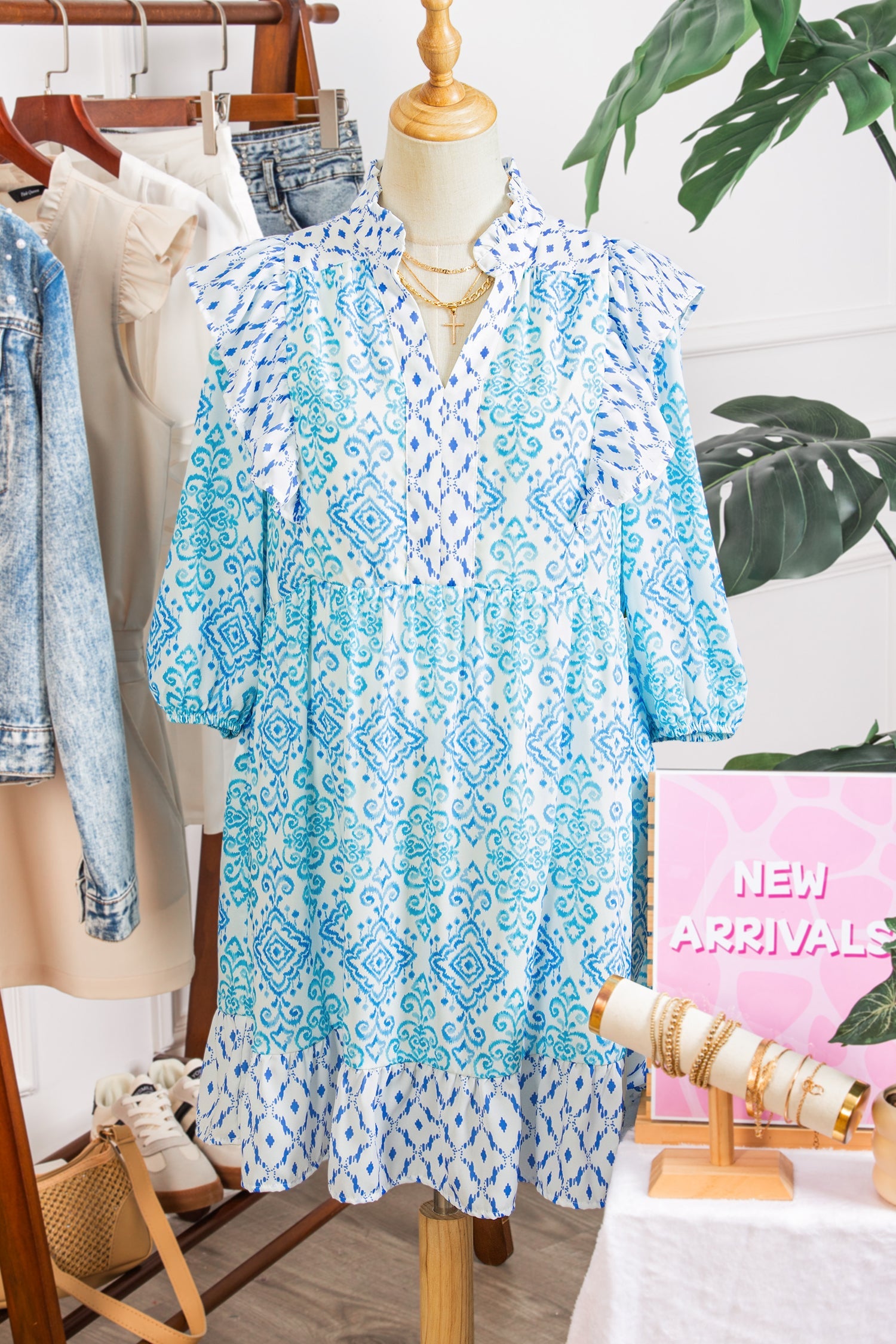 Sky Blue Boho Floral Geometric Patchwork Ruffle Detail Puff Sleeve Mini Dress