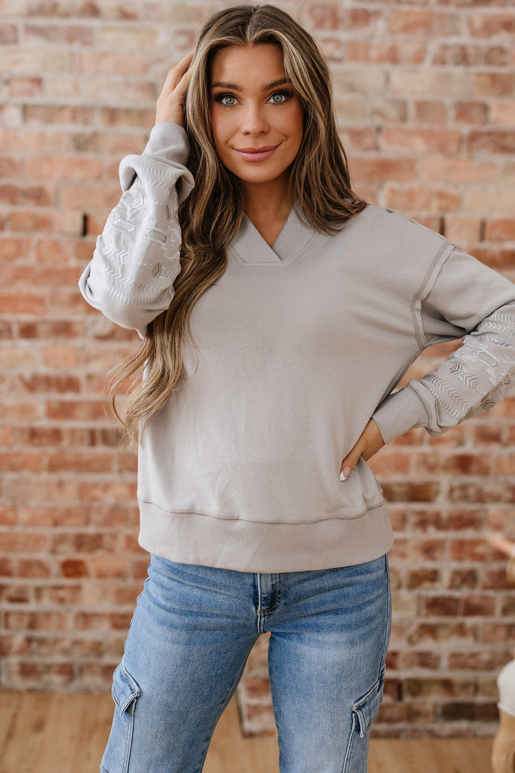 Western Aztec Embroidered Sleeve V-Neck Sweatshirt