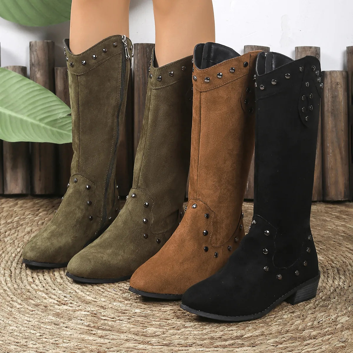 Studded Mid-Calf Boots with Side Zipper Closure