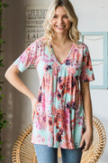 Floral Babydoll Blouse with V-Neck and Short Sleeves