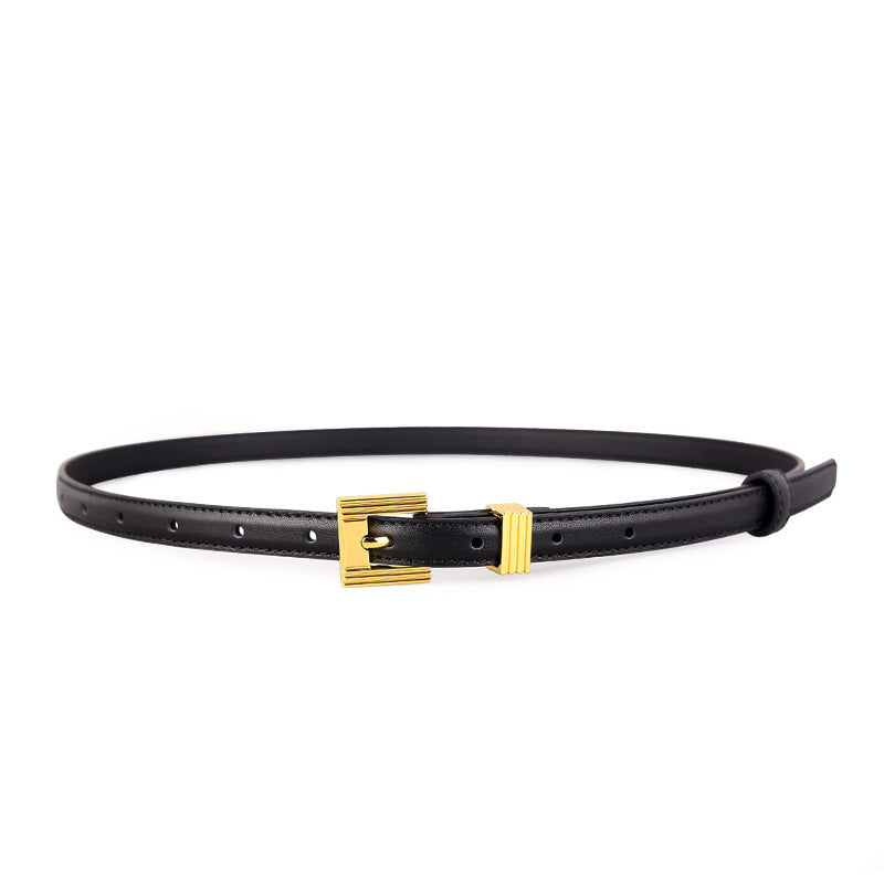 Skinny Leather Belt with Golden Buckle