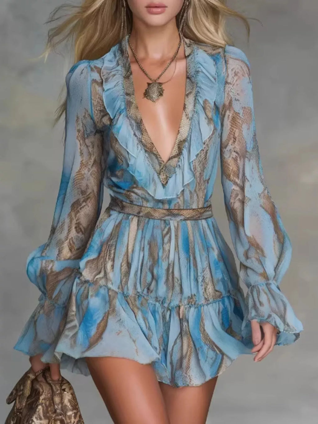 Boho Chic V-Neck Ruffled Long Sleeve Mini Dress