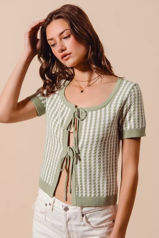 SO ME Tie Front Textured Vertical Stripe Knit Cardigan