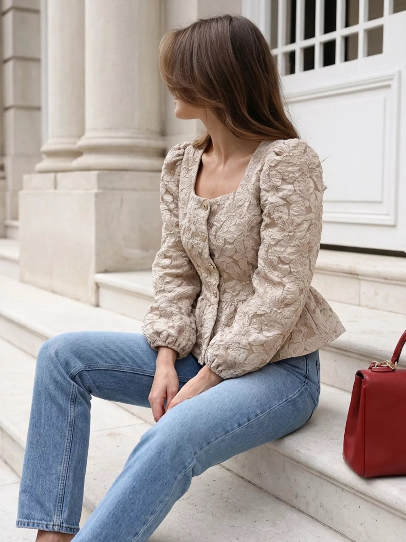 Square Neck Textured Peplum Blouse