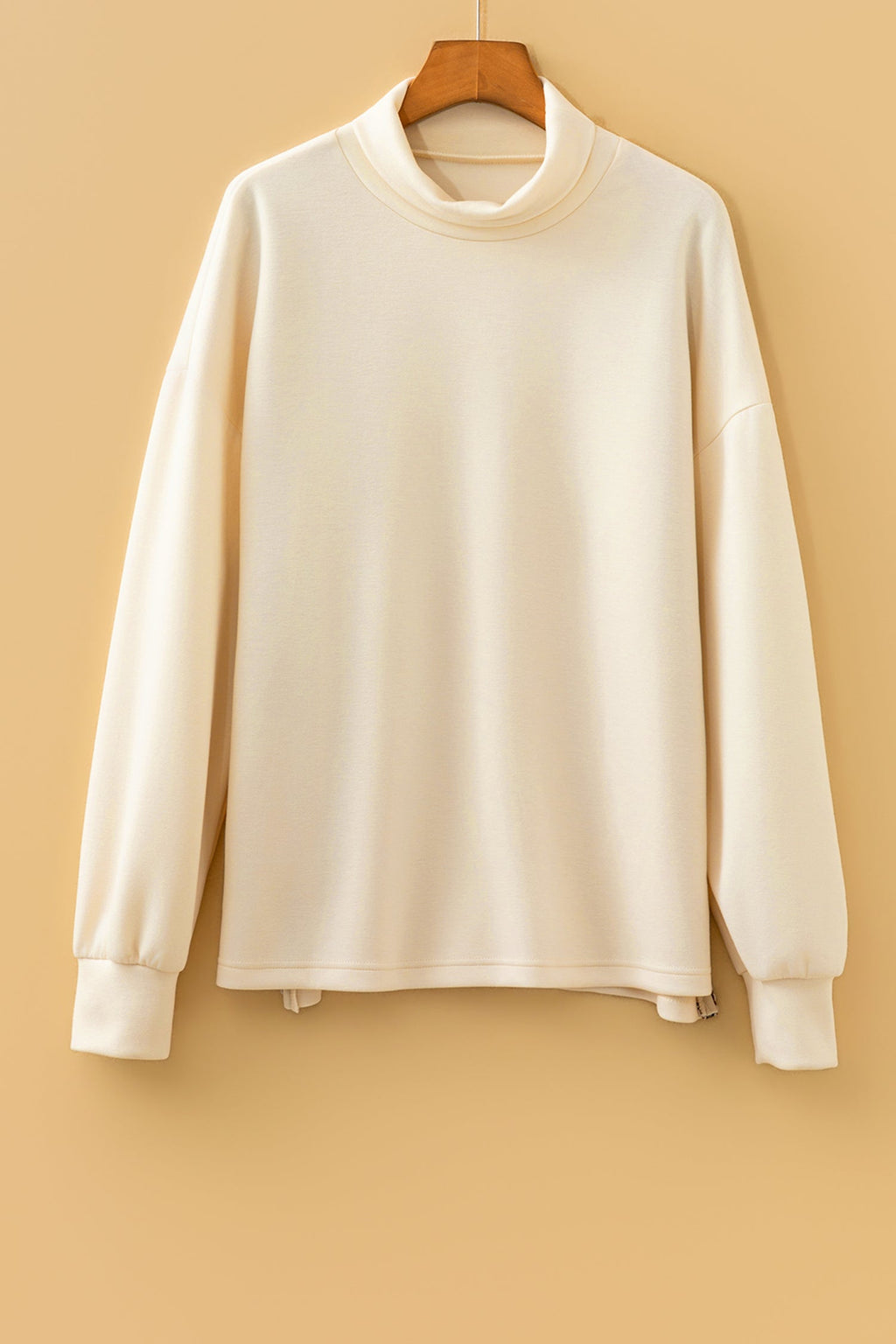 Beige Mock Neck Long Sleeve Leopard Detail Split Hem Top