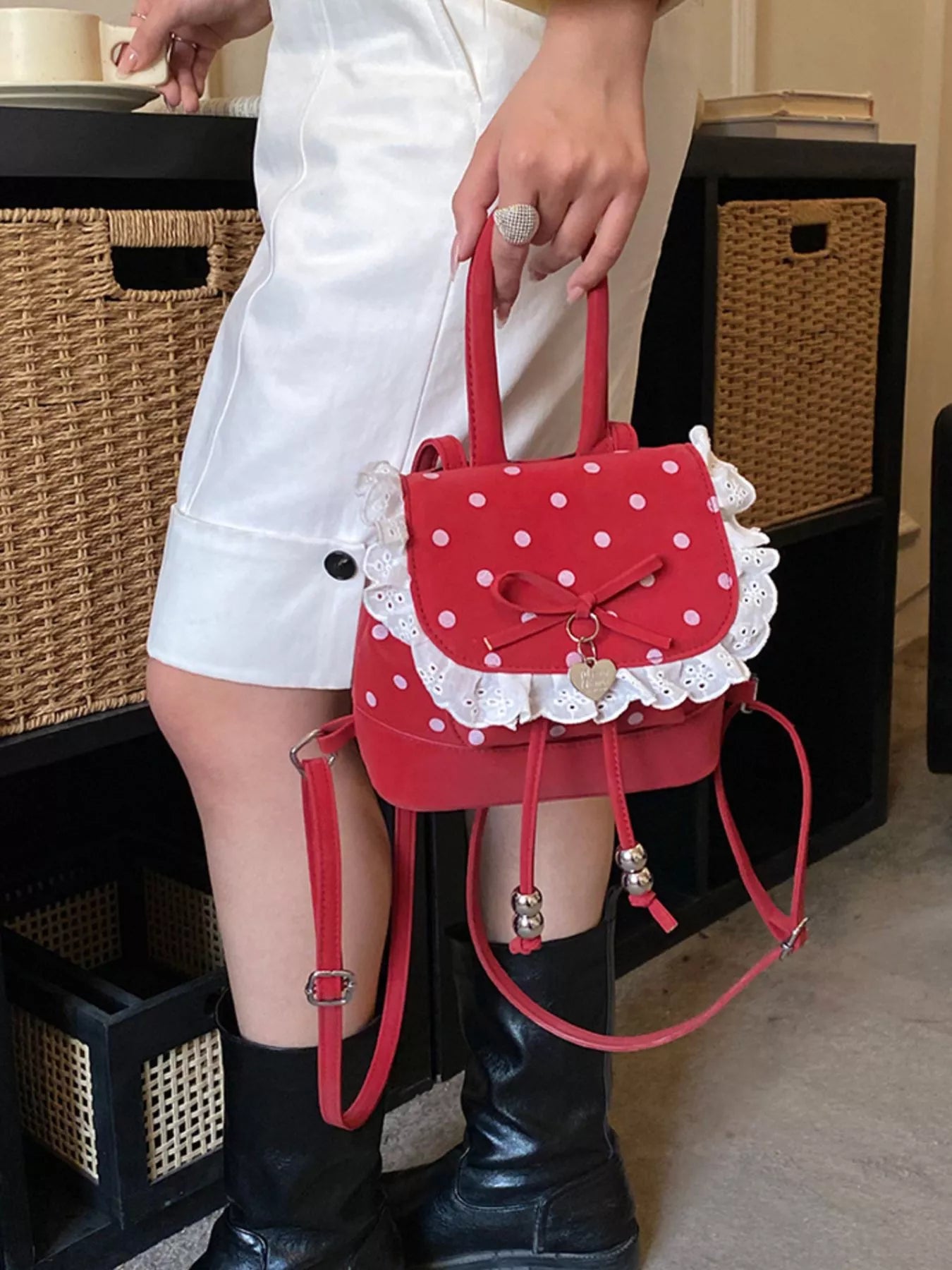 Polka Dot Lace Trim Backpack Bag