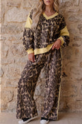 Leopard Print Long Sleeve V-Neck Top & Wide Leg Pant Set