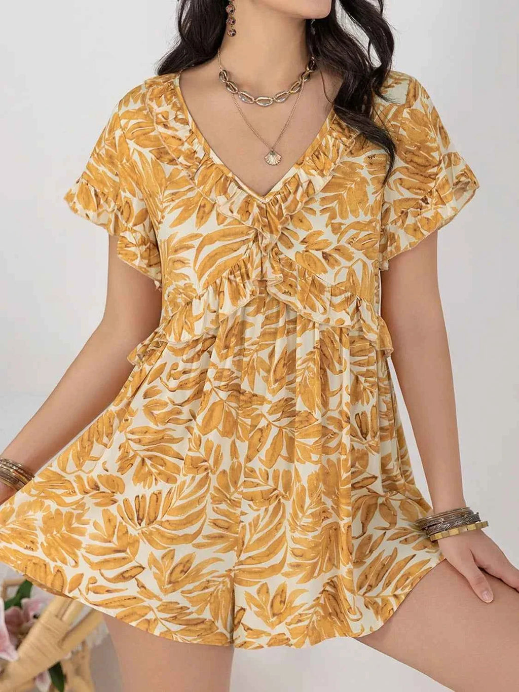 Leaf Print Ruffled V-Neck Short Sleeve Romper
