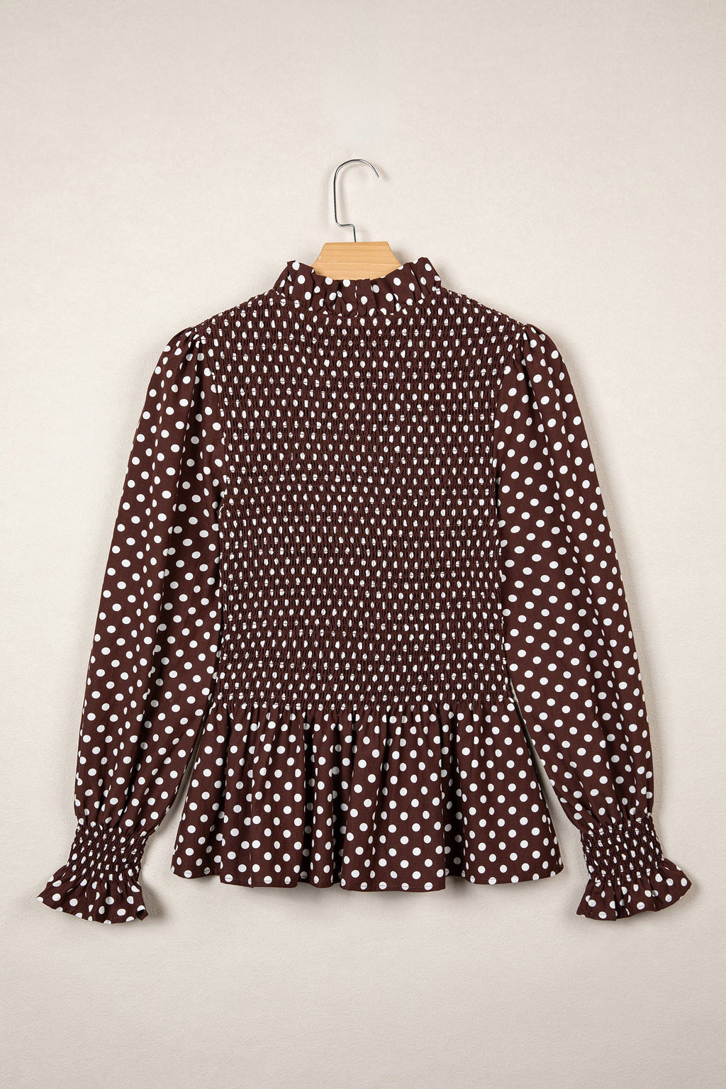 Brown Polka Dot Ruffled High Neck Shirred Ruffle Hem Blouse