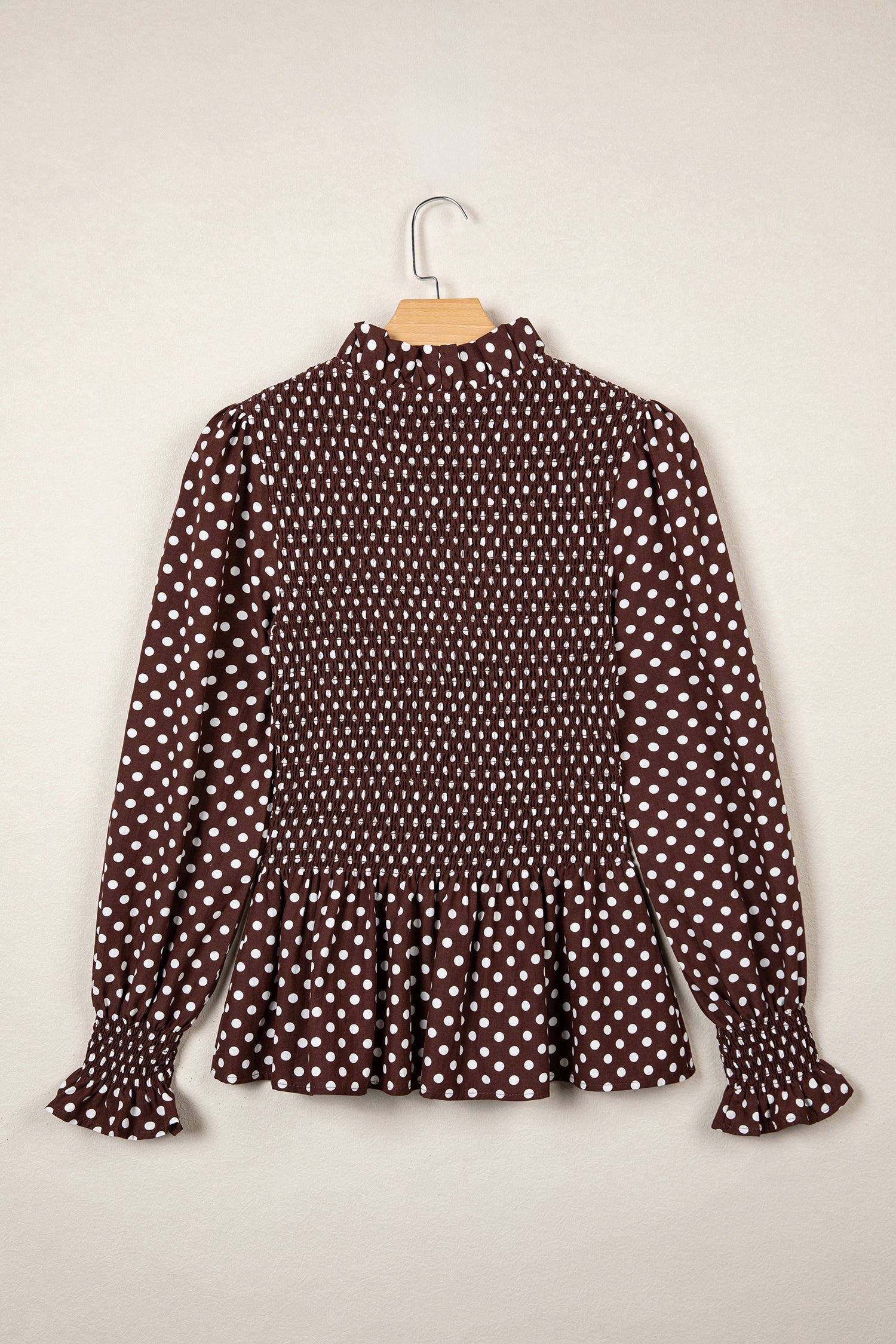 Brown Polka Dot Ruffled High Neck Shirred Ruffle Hem Blouse