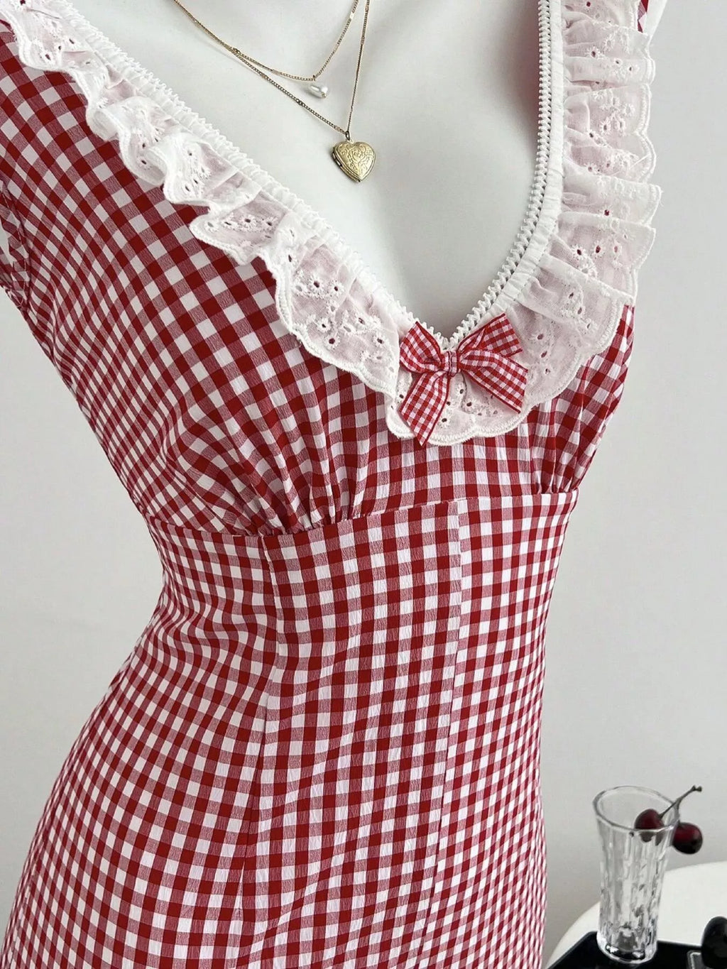 Gingham Lace-Trimmed Romper with Bow Detail