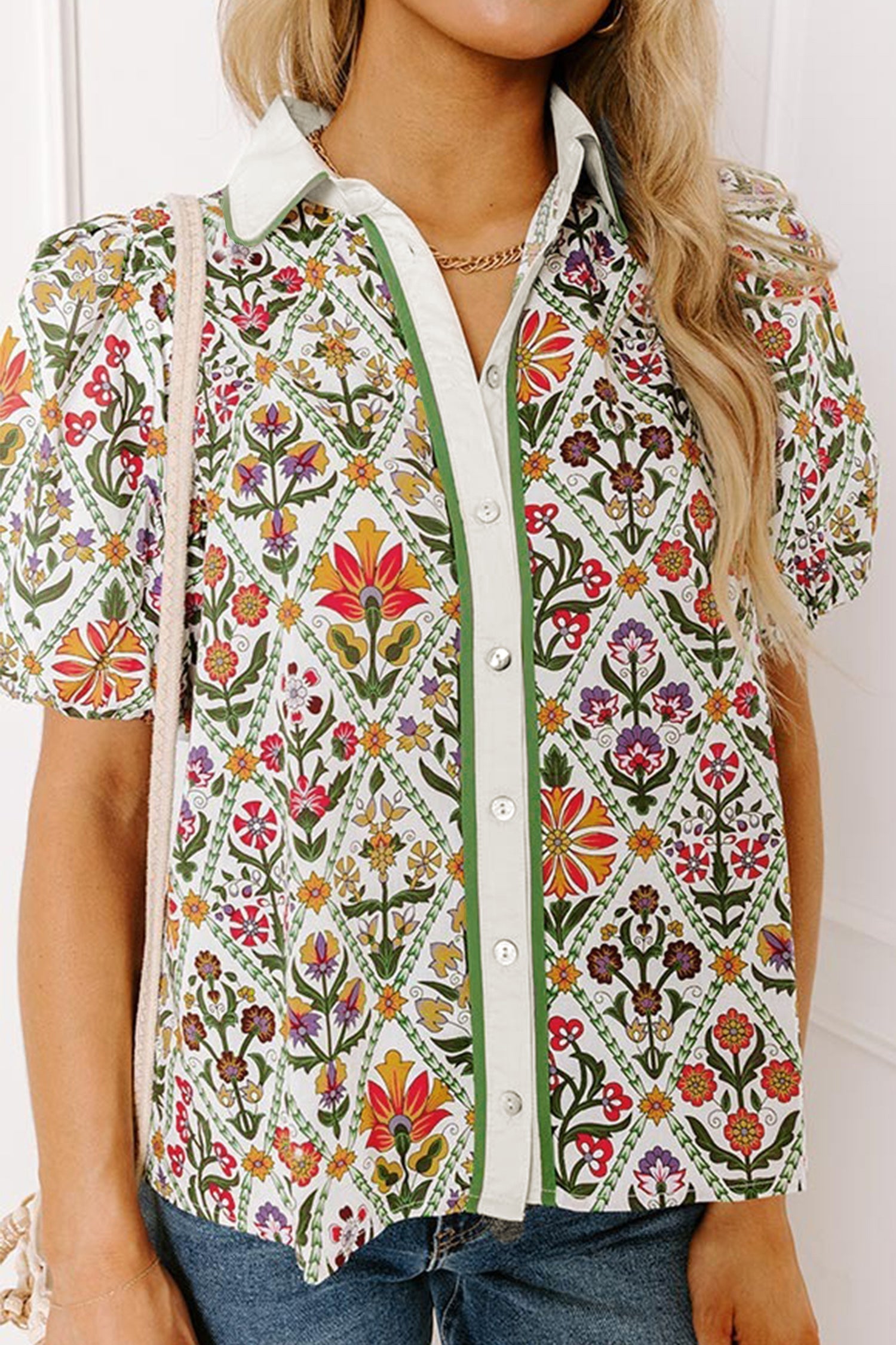 Green Short Bubble Sleeve Floral Shirt