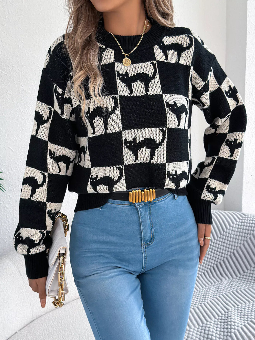 Checkerboard Halloween Graphic Sweater