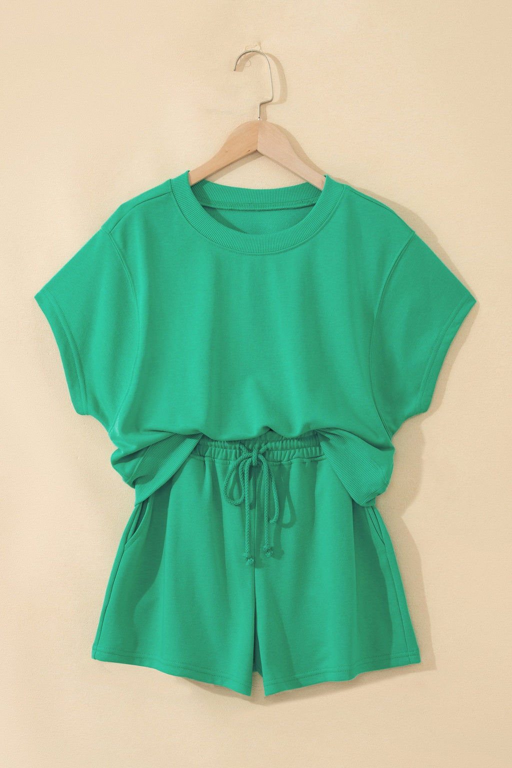 Sea Green Solid Color Loose Tee Drawstring Shorts 2pcs Outfit