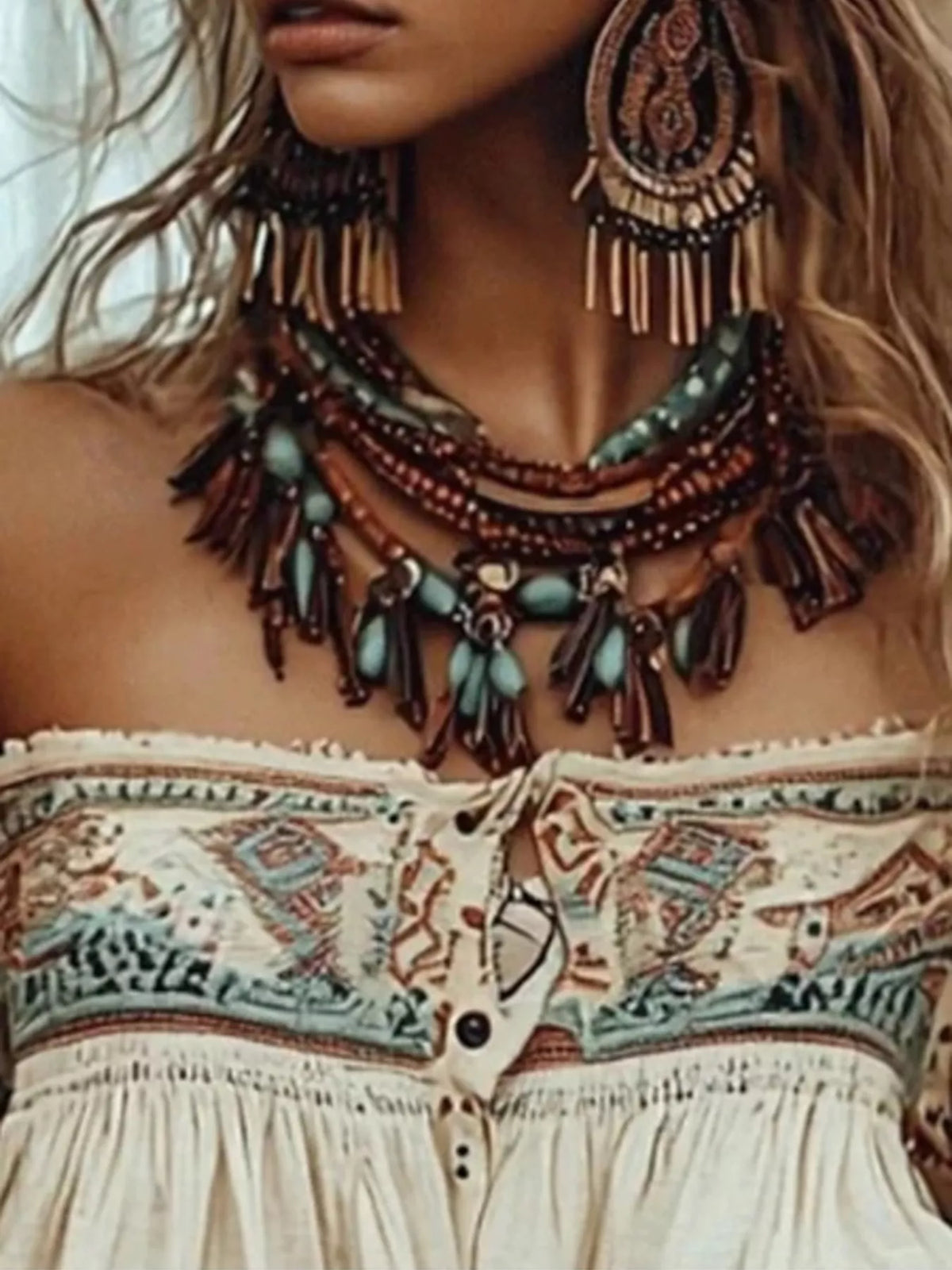 Off-Shoulder Printed Long Sleeve Blouse
