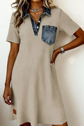 Beige Short Sleeve Ribbed Knit Denim Patchwork Polo Collar Dress