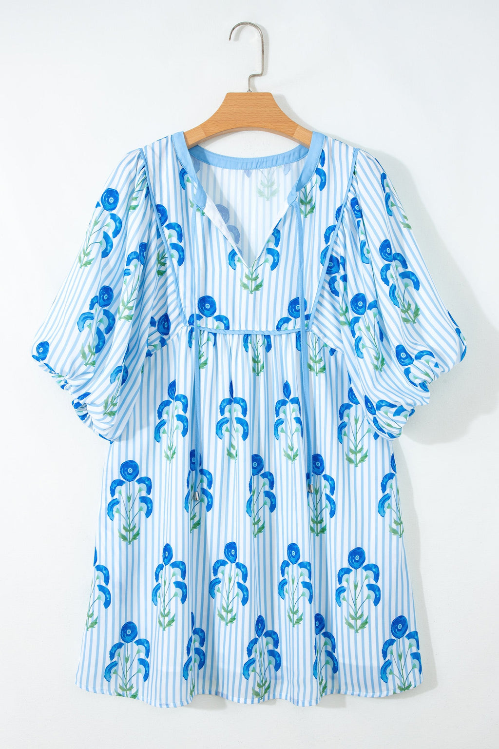 Sky Blue Floral Striped Print Tie Notched Neck Puff Sleeve Flared Mini Dress