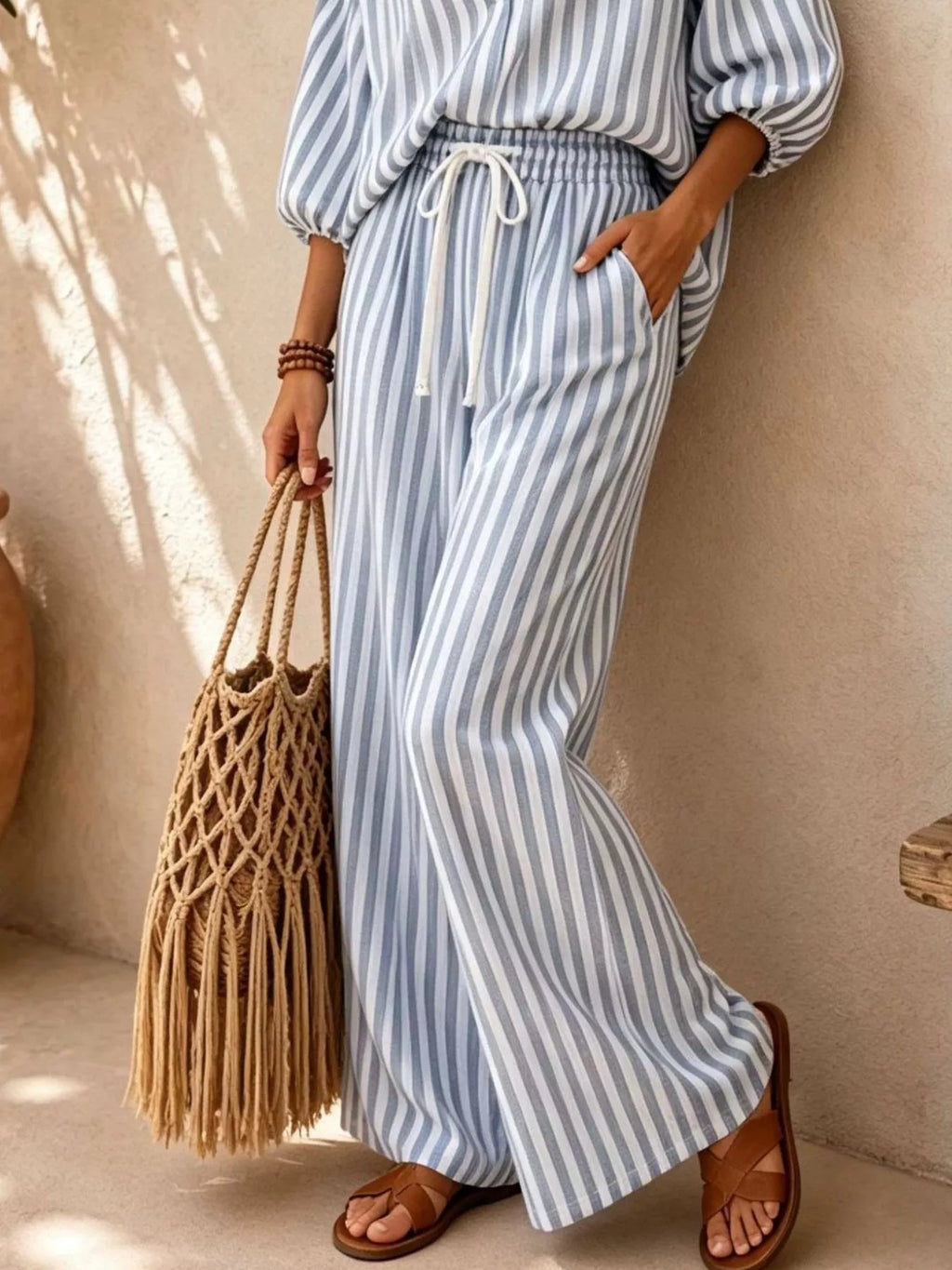 Striped Collared Shirt and Wide-Leg Drawstring Pants Set