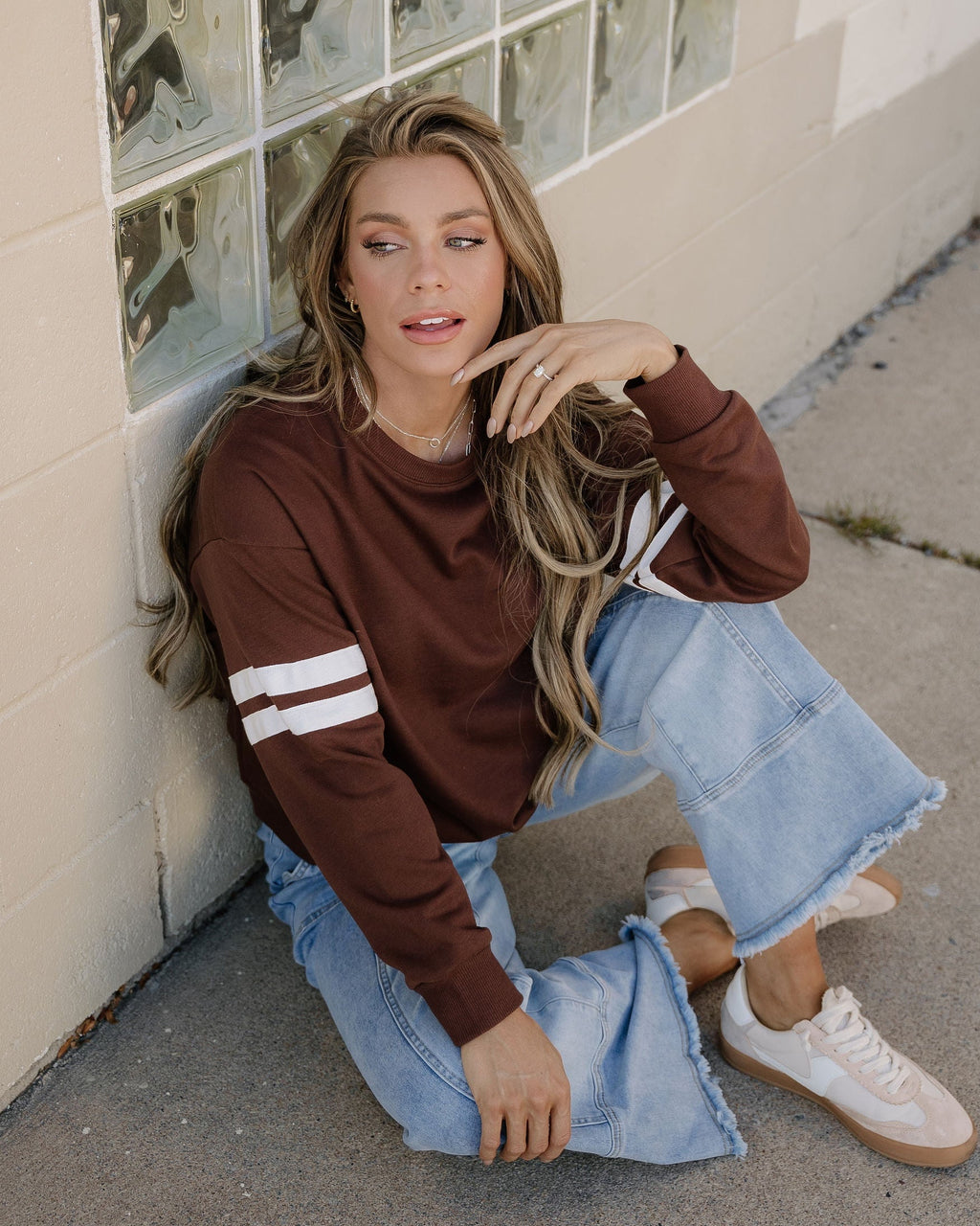Varsity Striped Sleeve Loose Sweatshirt - Coffee