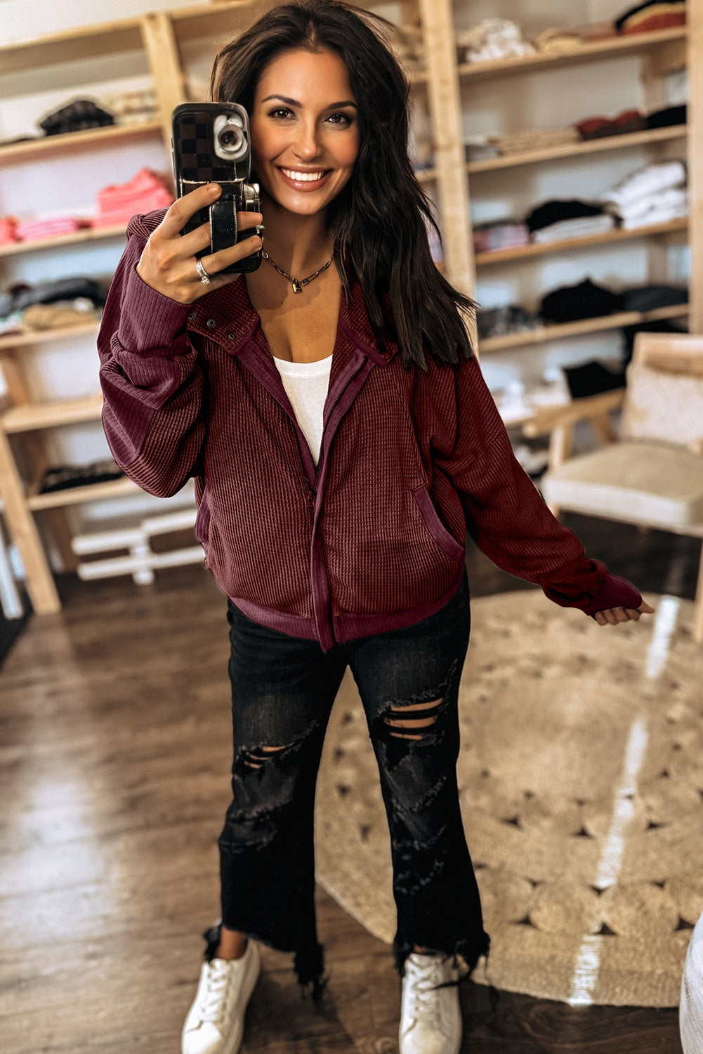 Waffle Zip Up Snap Button Hooded Jacket