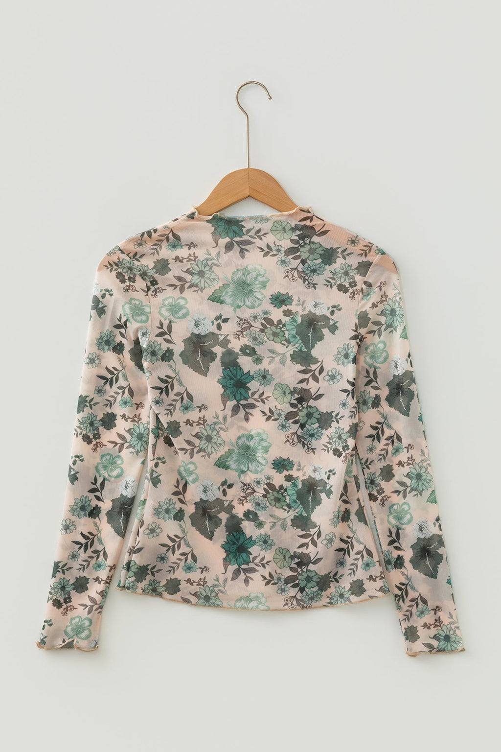 Green Western Style Floral Print Long Sleeve Mesh Top