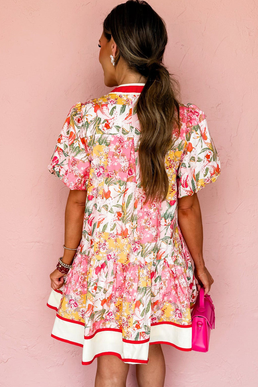 Pink Color Block Floral Print Contrast Trim V Neck Ruffle Hem Mini Dress