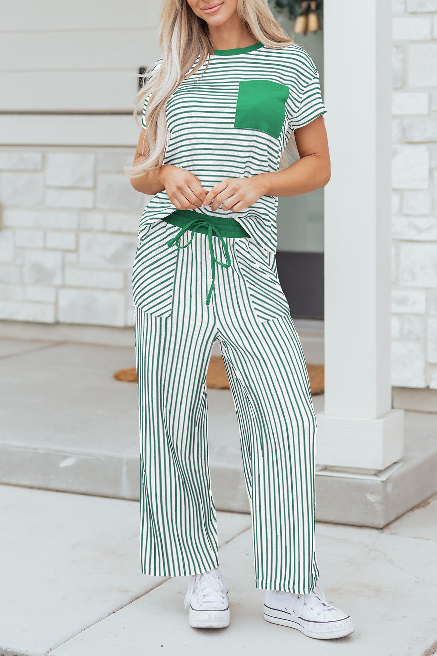 Green Stripe Crew Neck Tee Drawstring Waist Cropped Pants Set