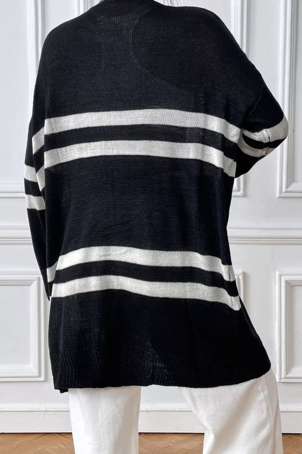Striped Open Front Dropped Shoulder Cardigan