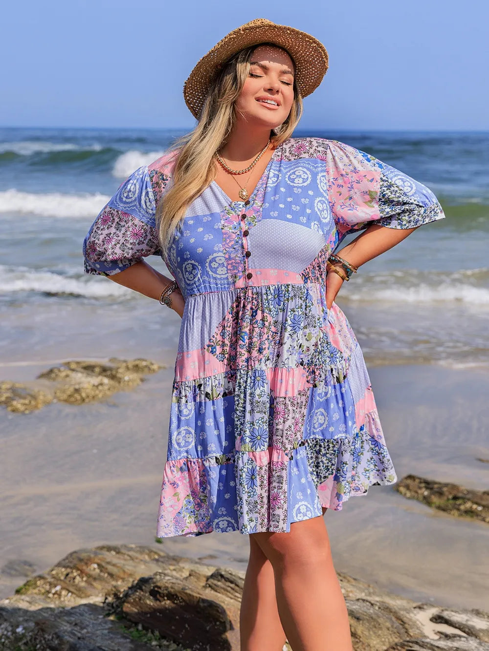 Printed V-Neck Tiered Mini Dress
