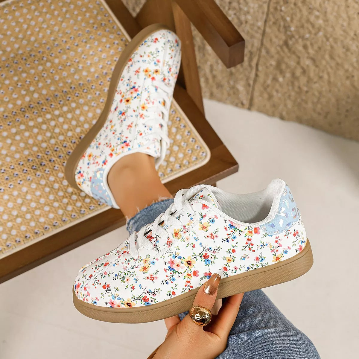 Floral Print Lace-Up Sneakers